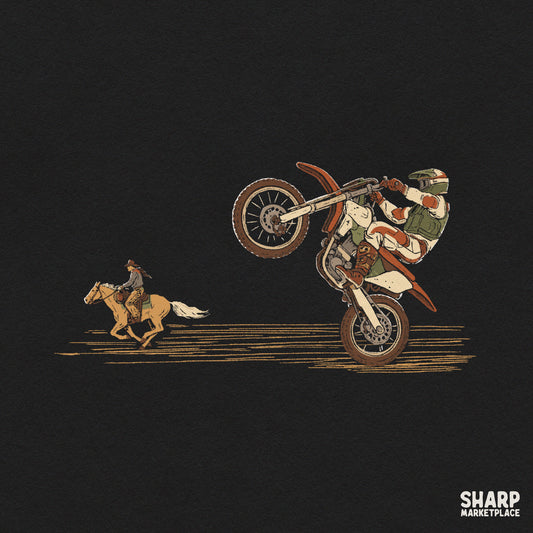 Retro motocross dirt bike rider racing a horseback cowboy in western PNG design for t-shirts