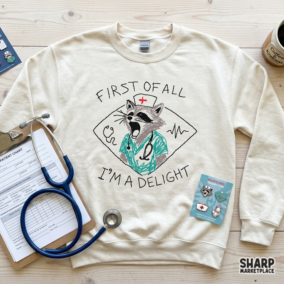 Funny nurse-themed PNG graphic featuring a distressed sketch of a raccoon medic with a stethoscope and heart rate monitor, perfect for custom apparel and