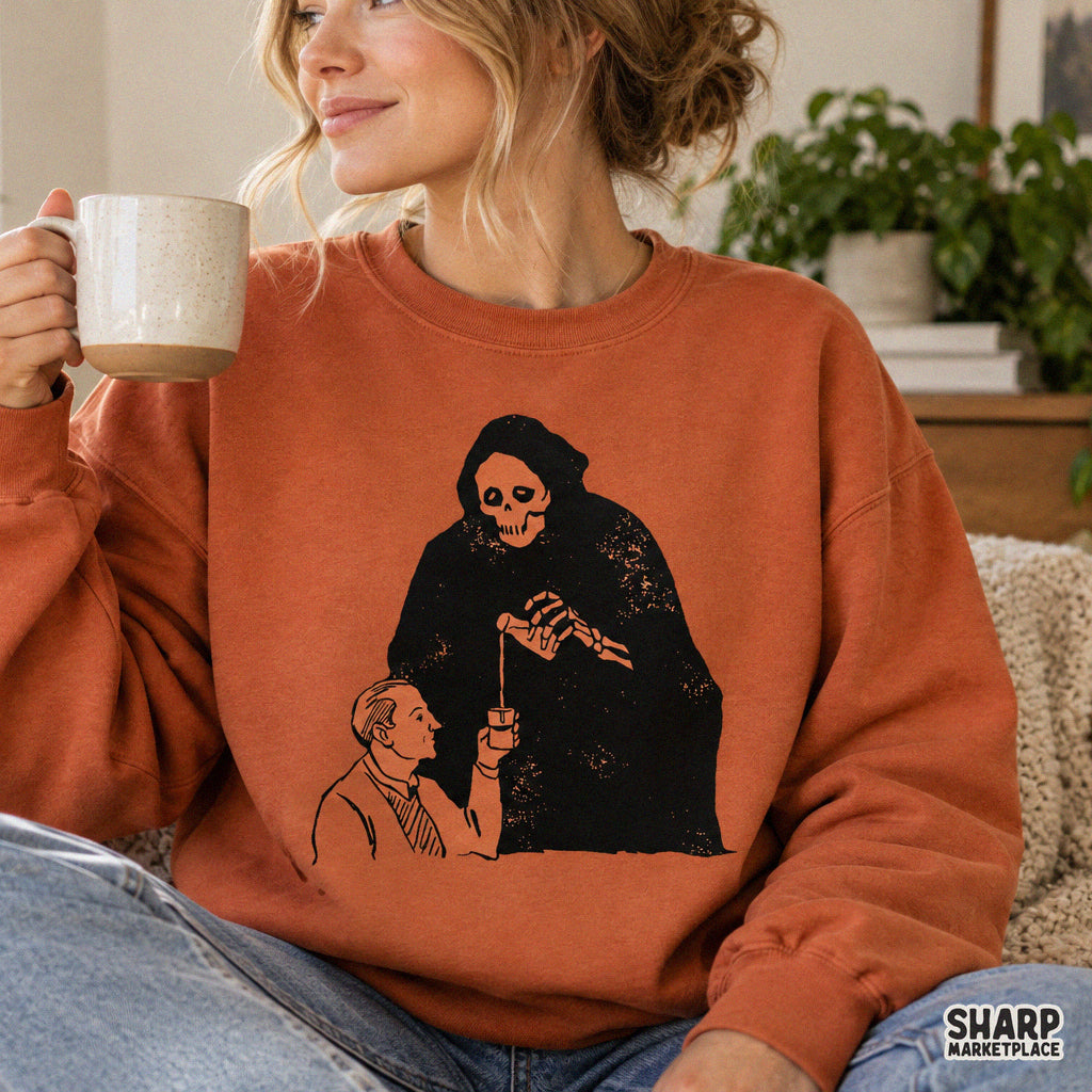 Retro horror PNG design of the grim reaper pouring a drink for a man, perfect for funny dark humor t-shirt sublimation