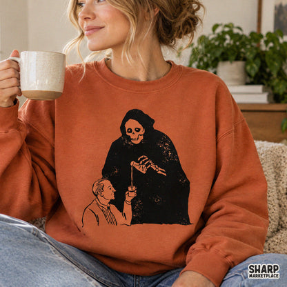 Retro horror PNG design of the grim reaper pouring a drink for a man, perfect for funny dark humor t-shirt sublimation