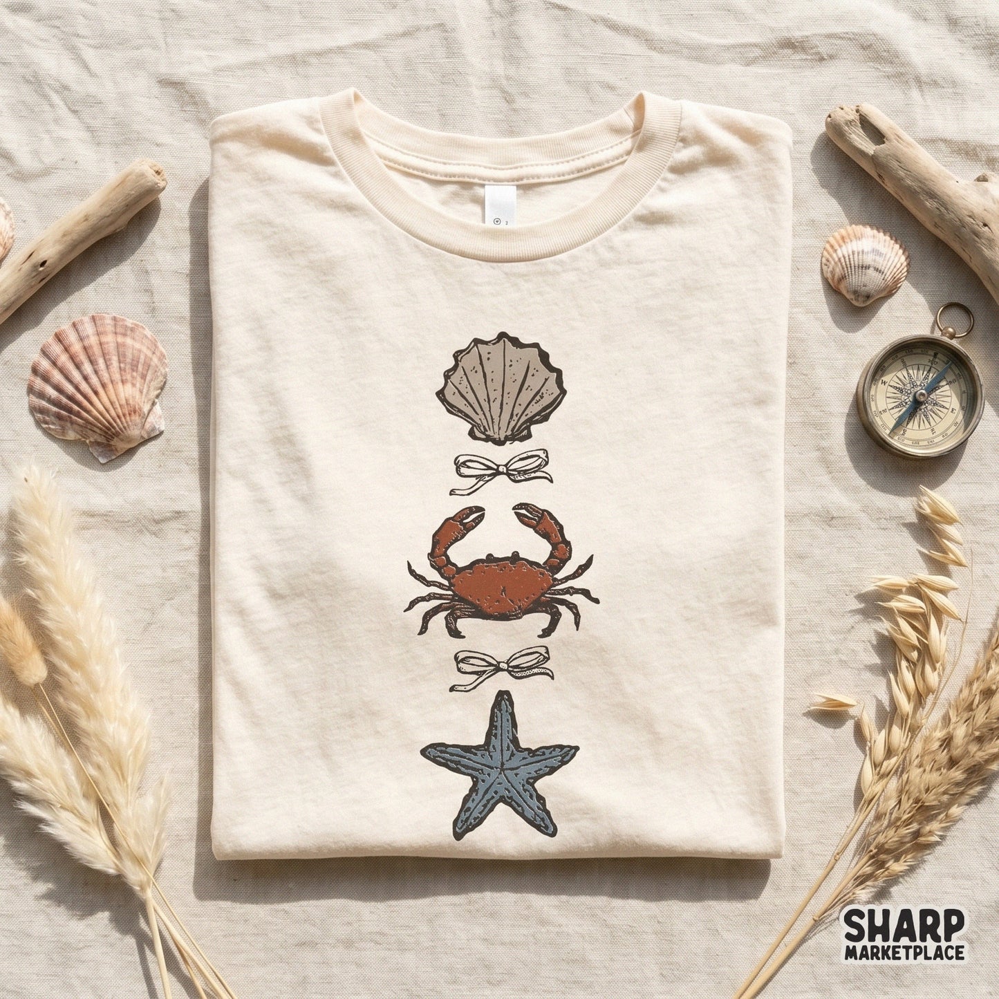 Trendy summer beach PNG with a vertical stack of marine life and bows, rendered in muted earthy tones for sublimation and print-on-demand items.