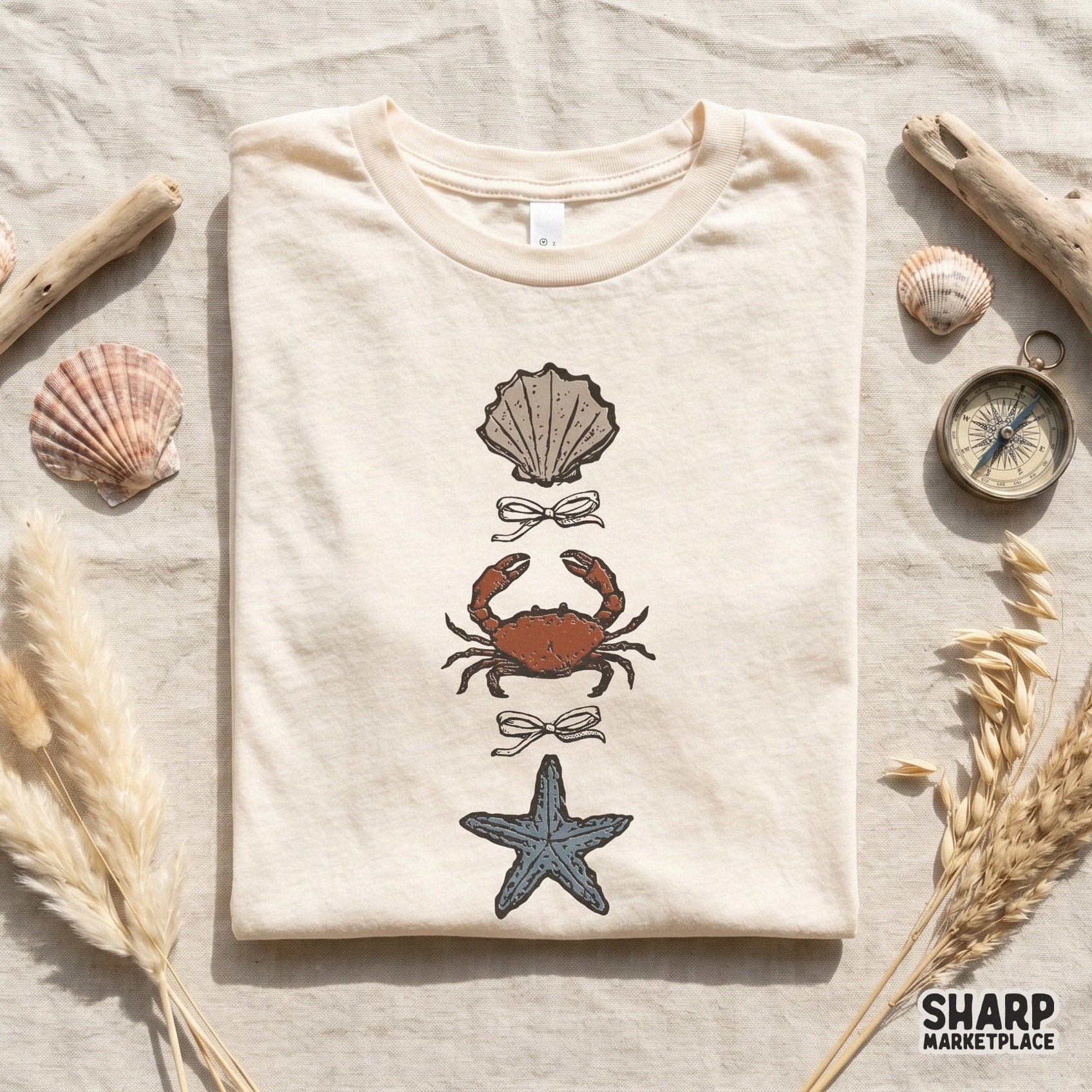 Trendy summer beach PNG with a vertical stack of marine life and bows, rendered in muted earthy tones for sublimation and print-on-demand items.