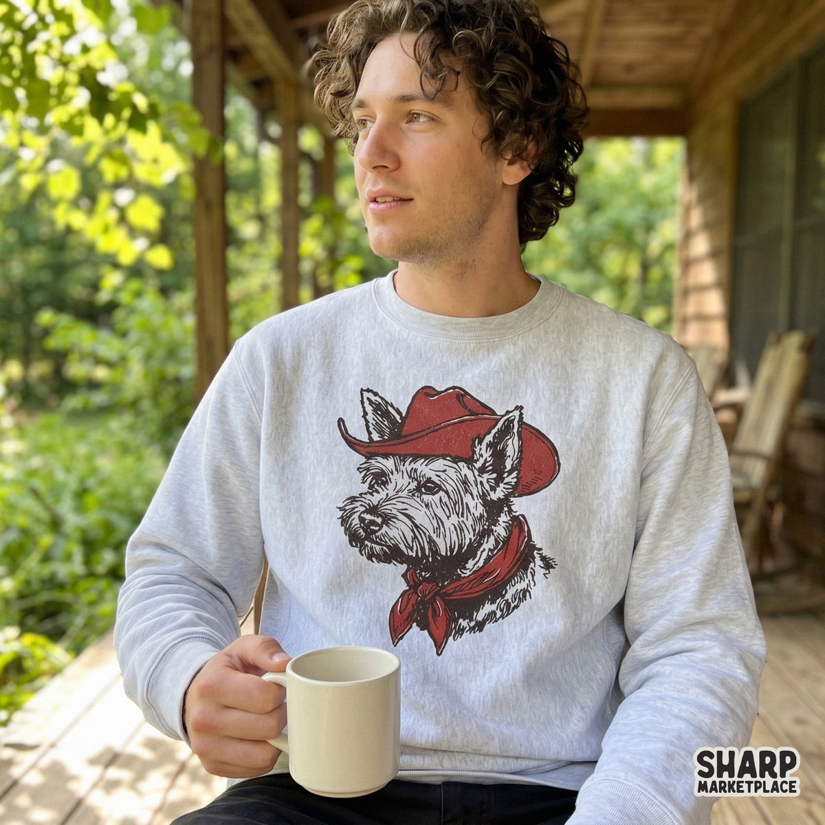 Digital PNG design featuring a terrier in a red cowboy hat and bandana, rendered in a rustic, hand-drawn style for custom shirts and DIY crafts.