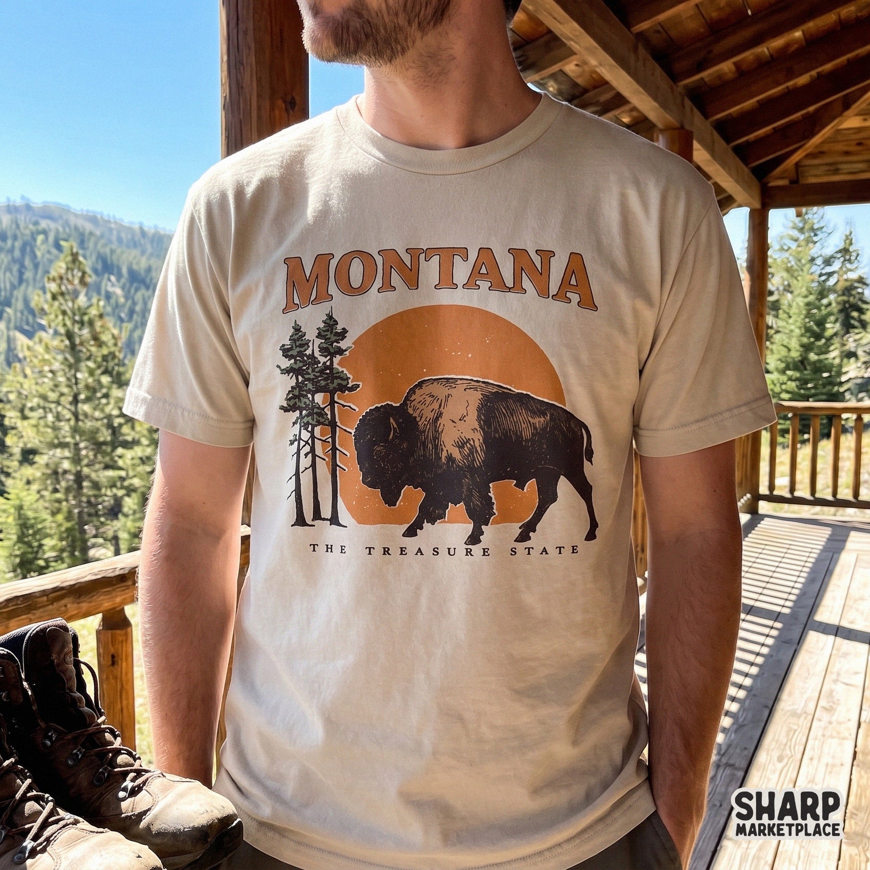 Vintage sunset Montana design with a wild buffalo and pine trees for western camping sublimation shirts