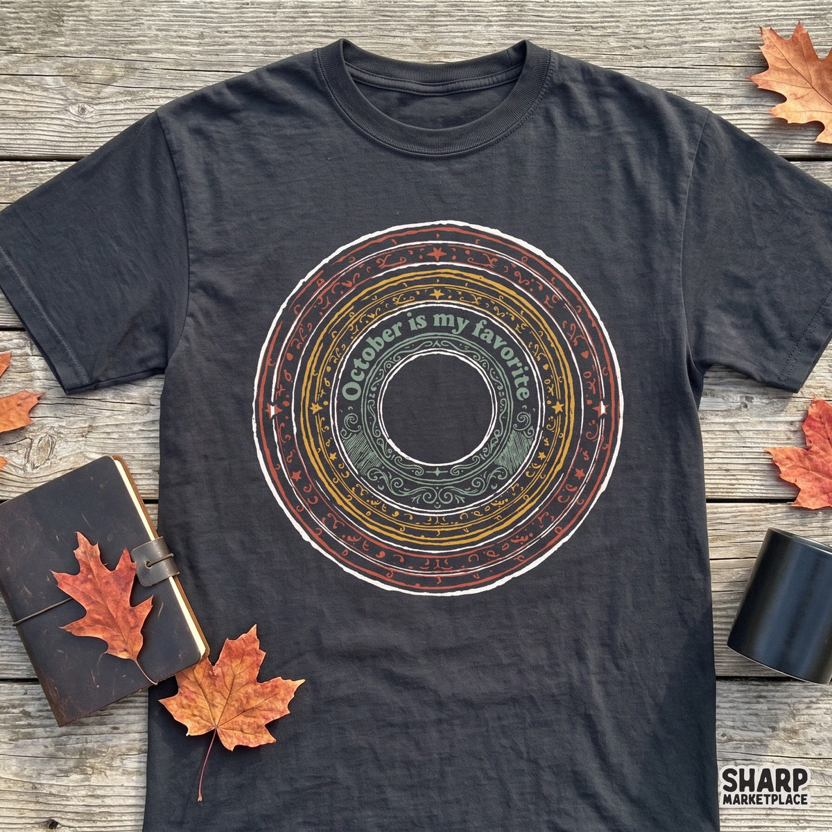 Retro autumn sun mandala design featuring October Is My Favorite text for Halloween fall PNG sublimation and t-shirts