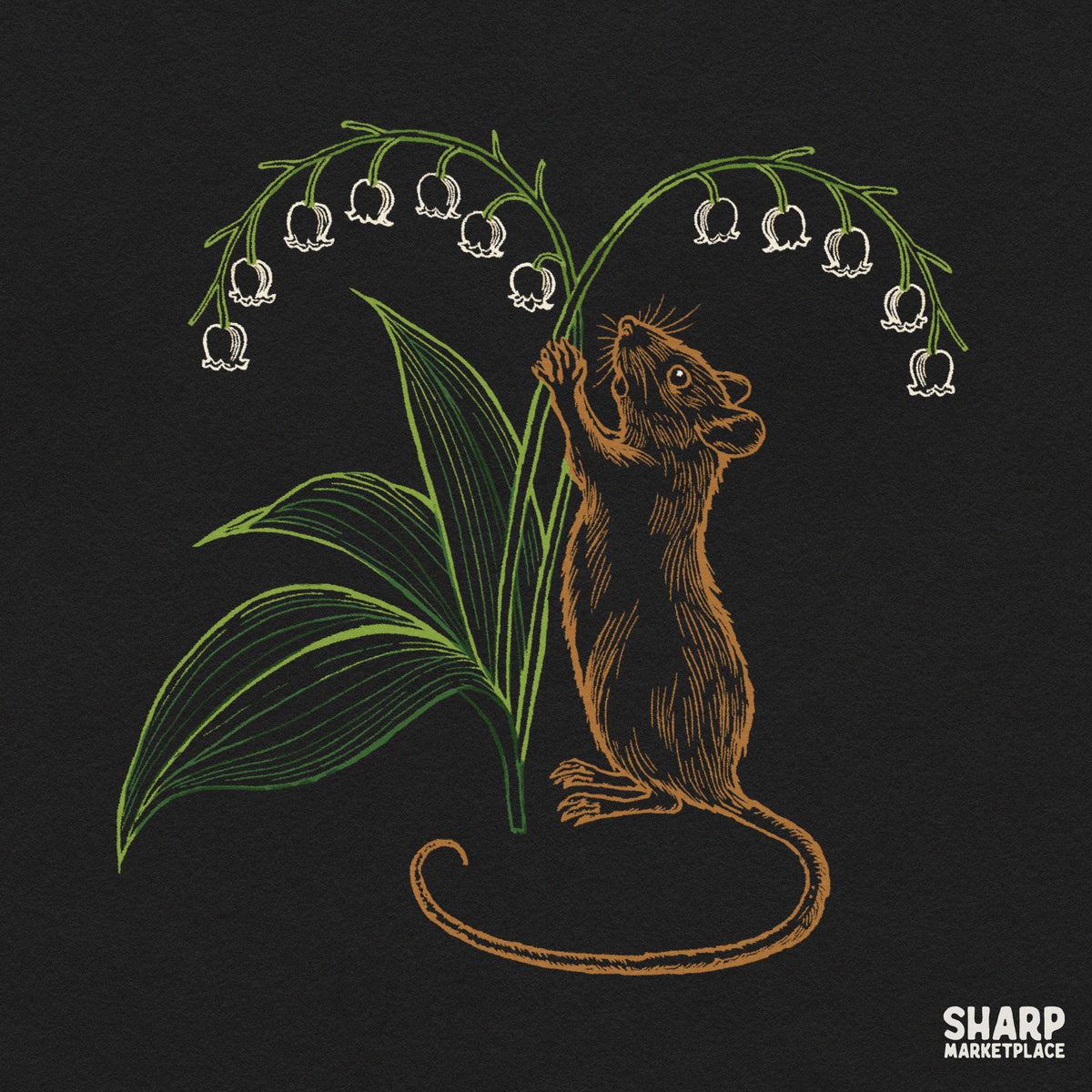 Cute field mouse reaching for lily of the valley flowers whimsical cottagecore spring shirt png design