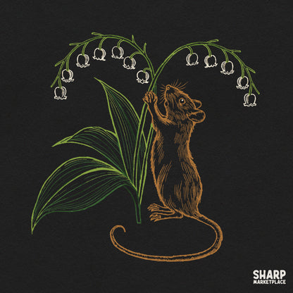 Cute field mouse reaching for lily of the valley flowers whimsical cottagecore spring shirt png design