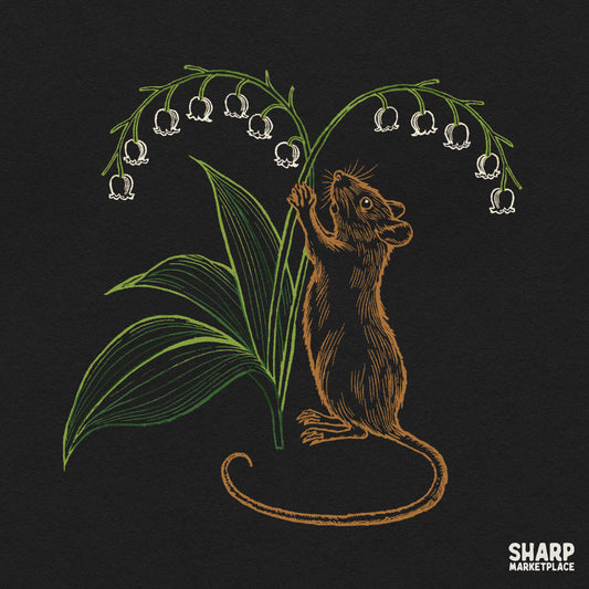 Cute field mouse reaching for lily of the valley flowers whimsical cottagecore spring shirt png design