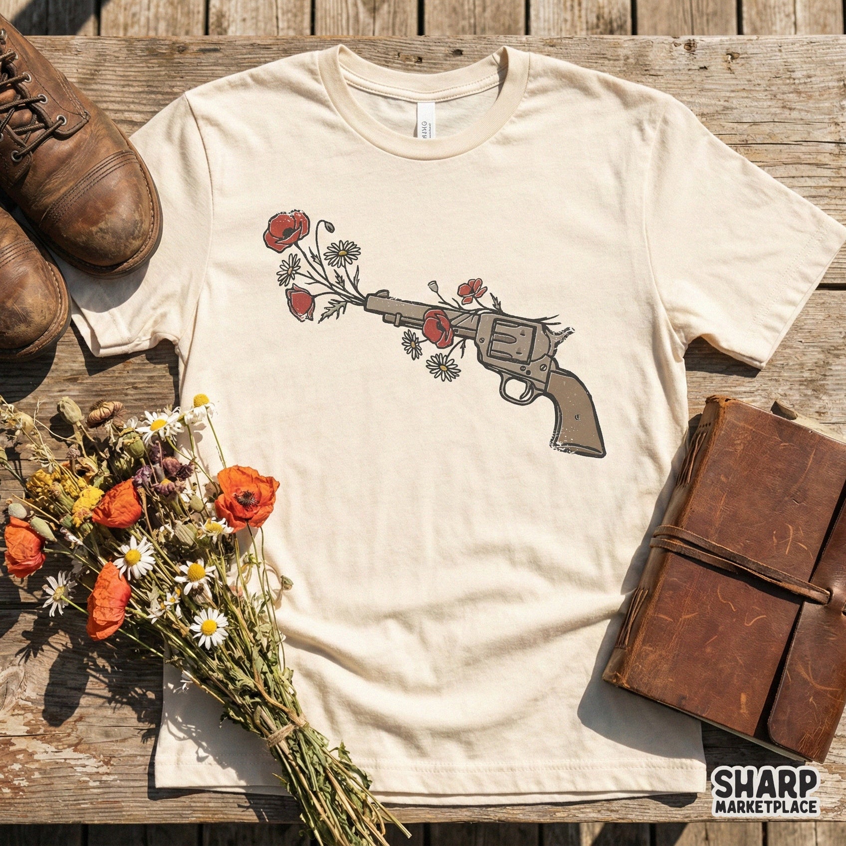 Boho Western Floral Gun PNG, Wildflower Pistol Design - 300 DPI Design