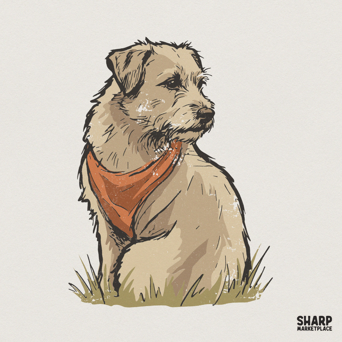 Hand-drawn terrier dog illustration with a scruffy coat and orange bandana, featuring a vintage distressed style for custom apparel and sublimation.