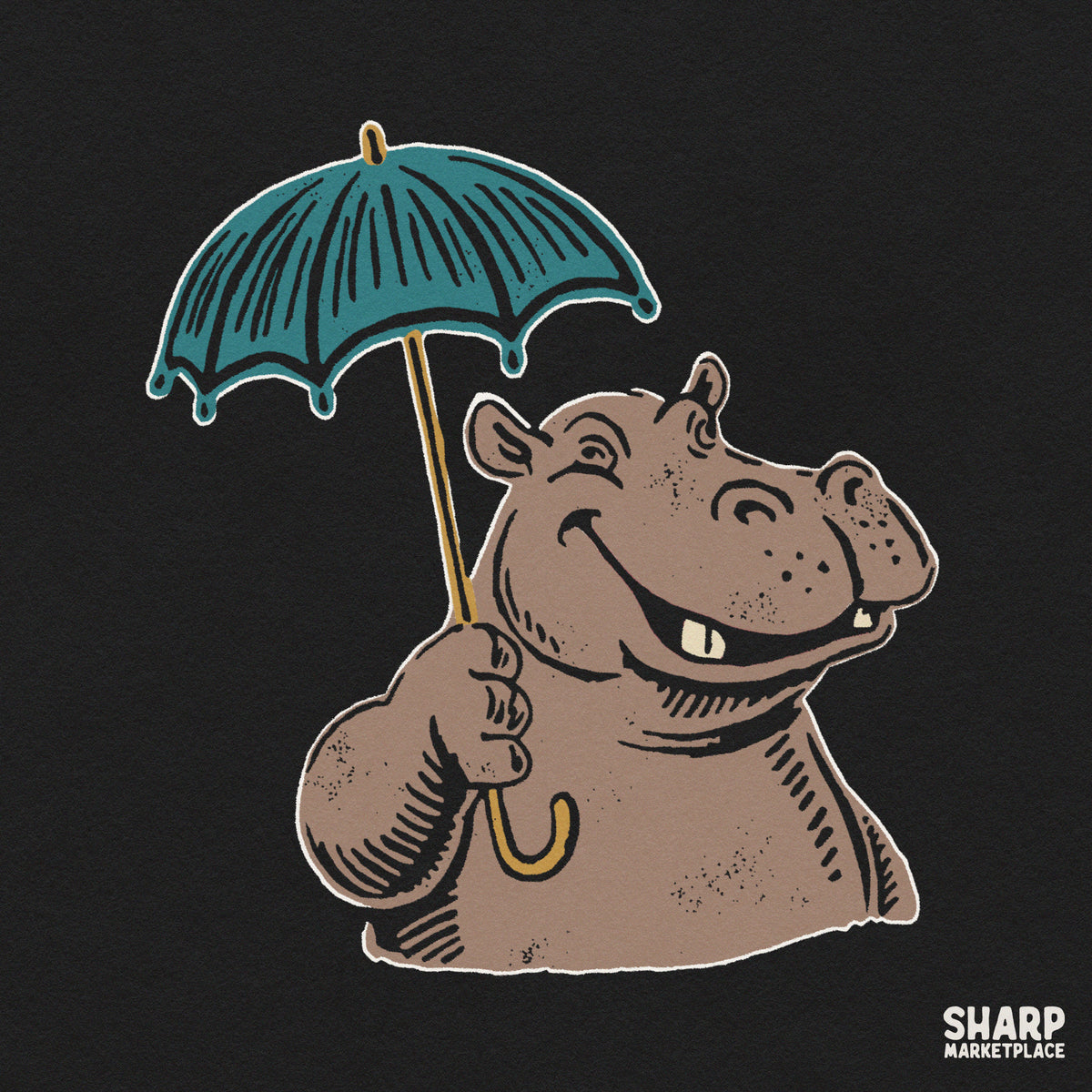 Cute smiling hippo holding a teal umbrella in a retro rainy day illustration for funny t-shirt PNG designs