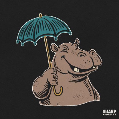 Cute smiling hippo holding a teal umbrella in a retro rainy day illustration for funny t-shirt PNG designs
