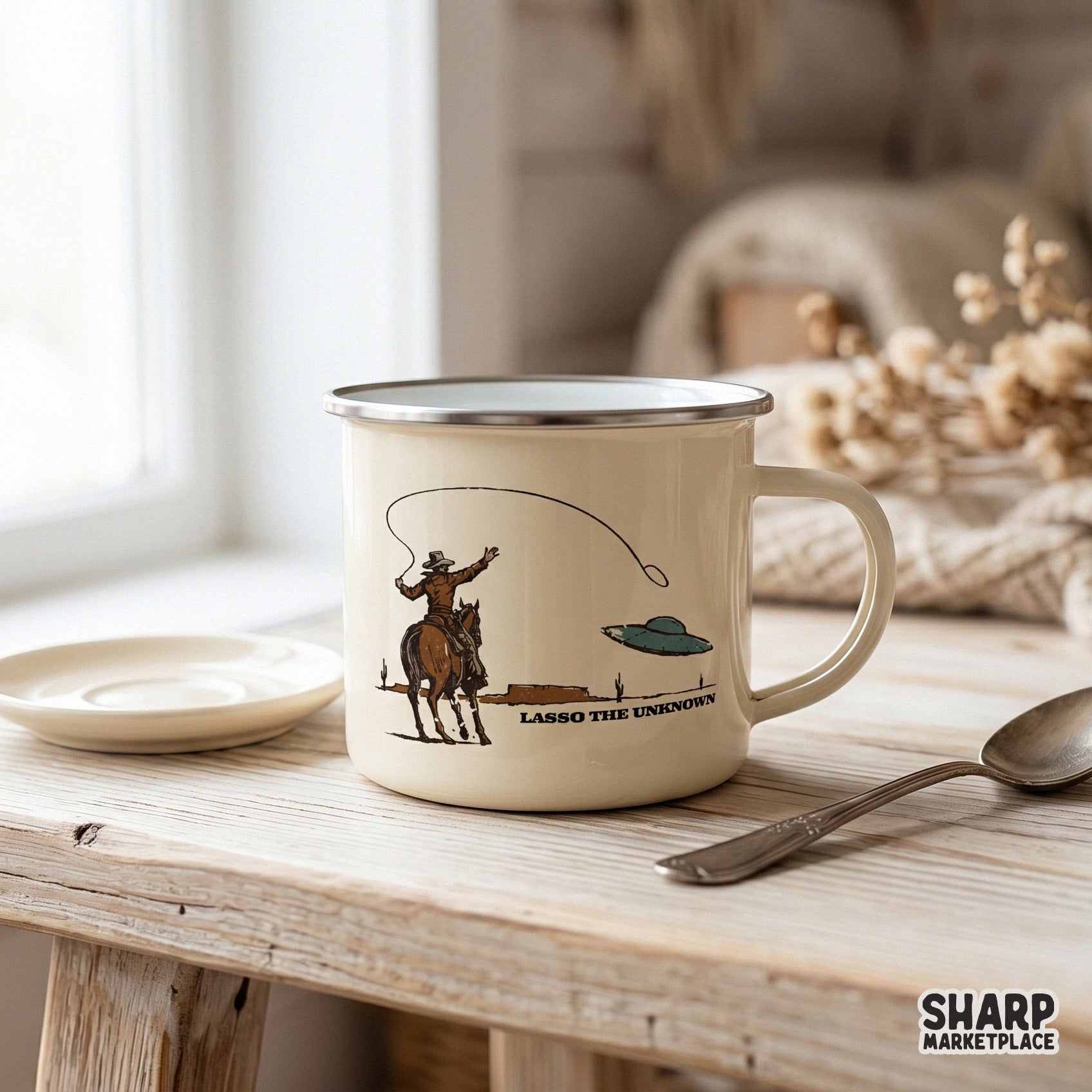 Creative western sci-fi graphic with a muted color palette, ideal for creating unique tumblers, posters, and custom home decor items.