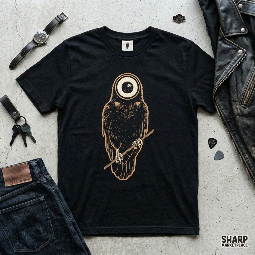 Creepy surreal eyeball owl on a branch design for Halloween sublimation PNG and spooky season streetwear