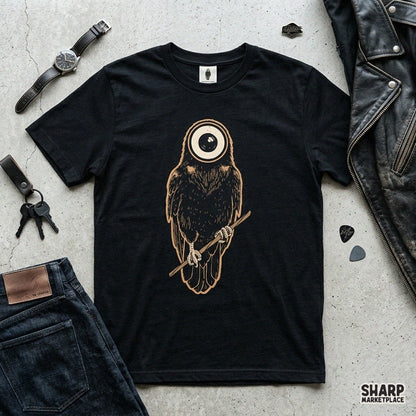 Creepy surreal eyeball owl on a branch design for Halloween sublimation PNG and spooky season streetwear