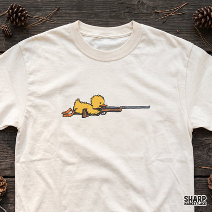 Sniper duckling aiming a rifle in prone position funny hunting PNG clipart design for shirts and outdoor apparel