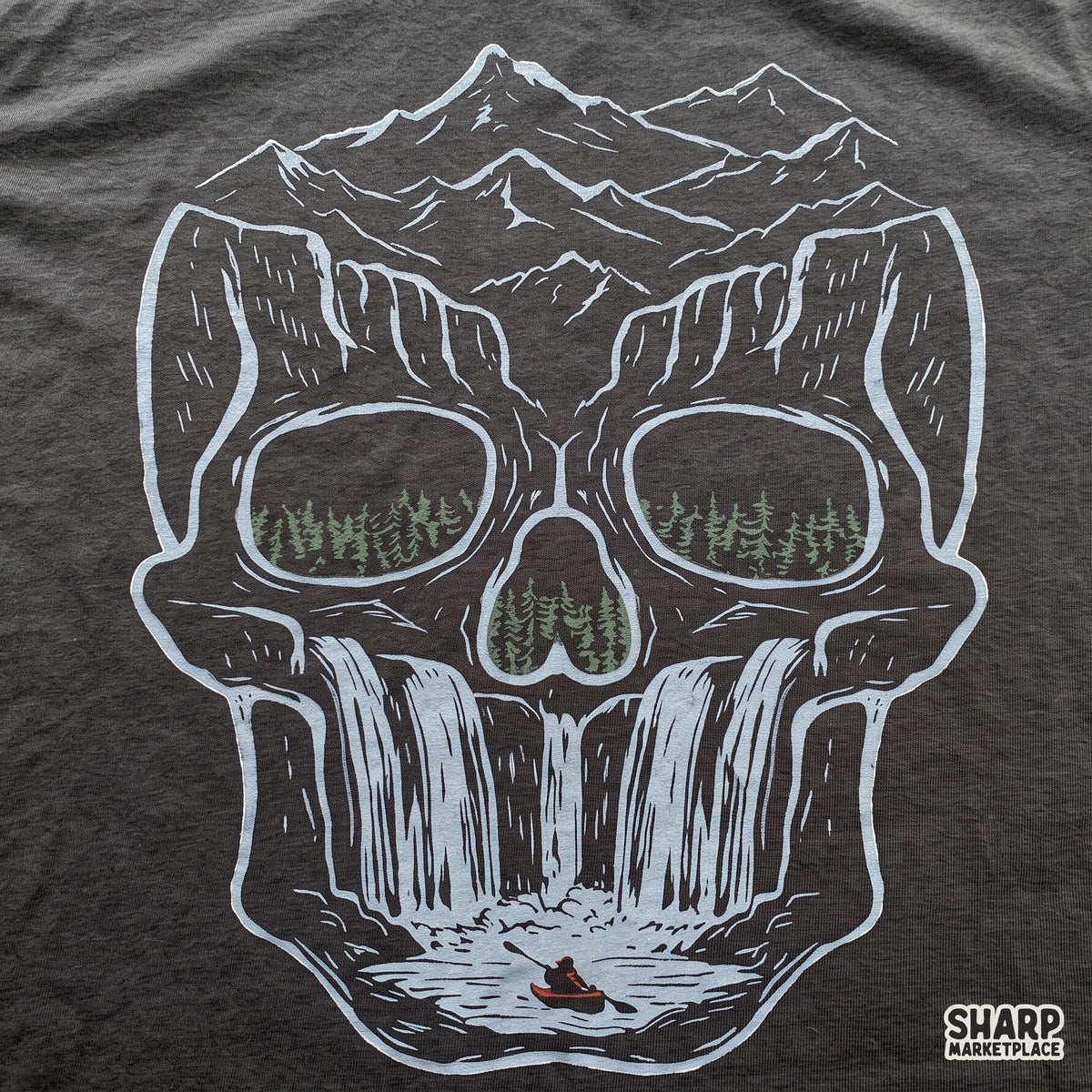 Optical illusion mountain skull waterfall design with forest eyes Halloween PNG for t-shirt sublimation