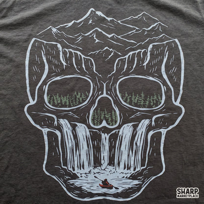 Optical illusion mountain skull waterfall design with forest eyes Halloween PNG for t-shirt sublimation