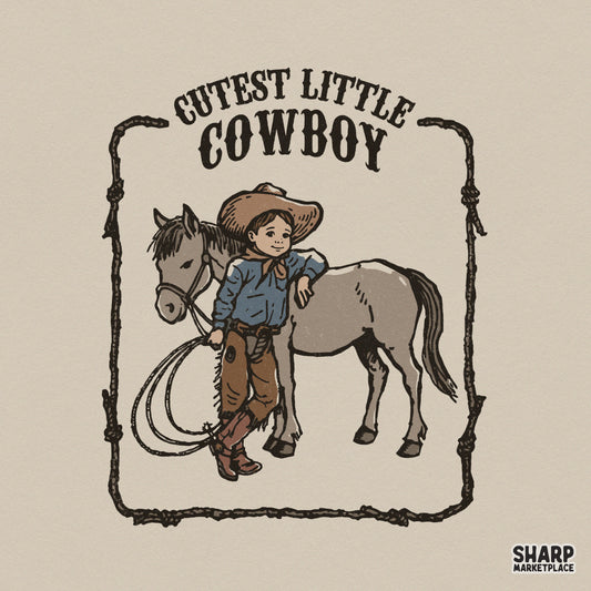 Vintage western illustration of a young boy leaning on a pony, framed by a rustic rope border with Cutest Little Cowboy text for sublimation projects.