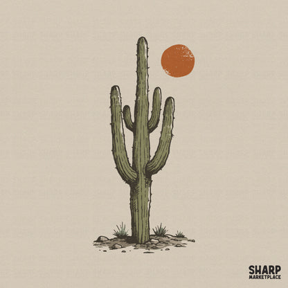 Hand-drawn saguaro cactus illustration with a rustic orange sun, featuring textured line art in a trendy southwest desert aesthetic for sublimation.