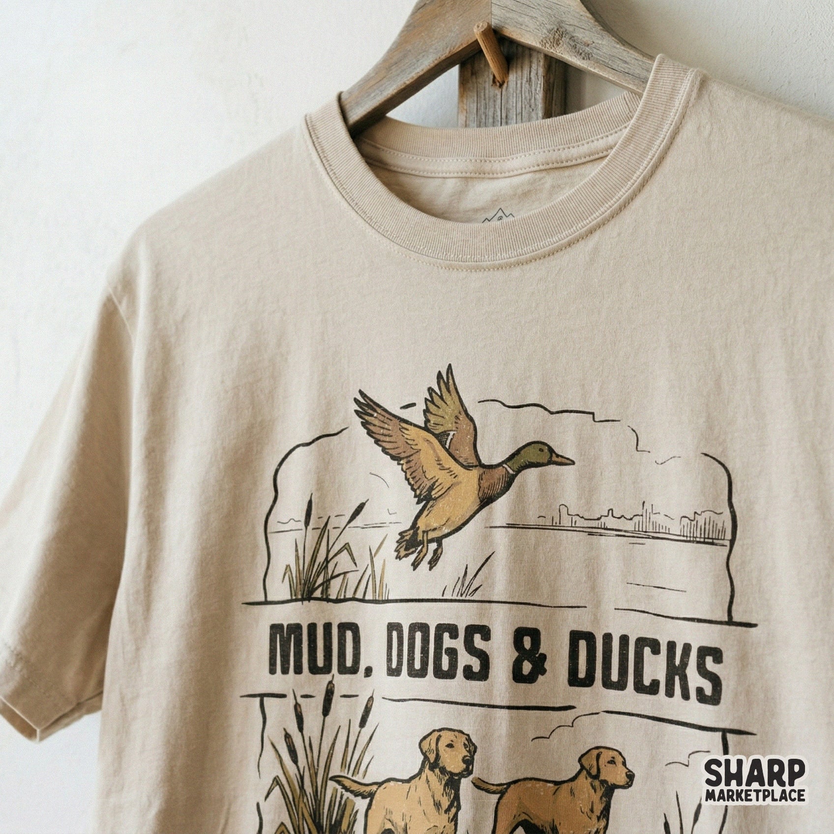 Outdoor themed hunting graphic with earth-toned illustrations of ducks and dogs, suitable for DIY t-shirt printing, tumblers, or wall art.