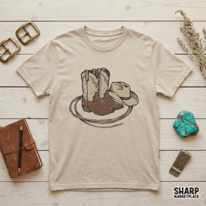 Distressed sketch-style western design with boots, hat, and rope, ideal for creating trendy country music festival t-shirts and printable wall art.