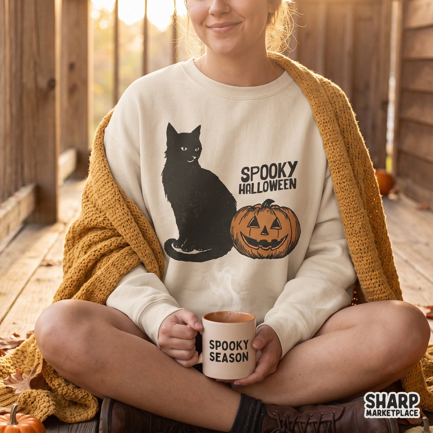 Retro spooky season png design featuring a black cat and jack o lantern for Halloween sublimation crafts