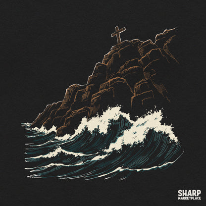 Stormy ocean waves crashing on a cliff with a Christian cross faith PNG design for sublimation prints
