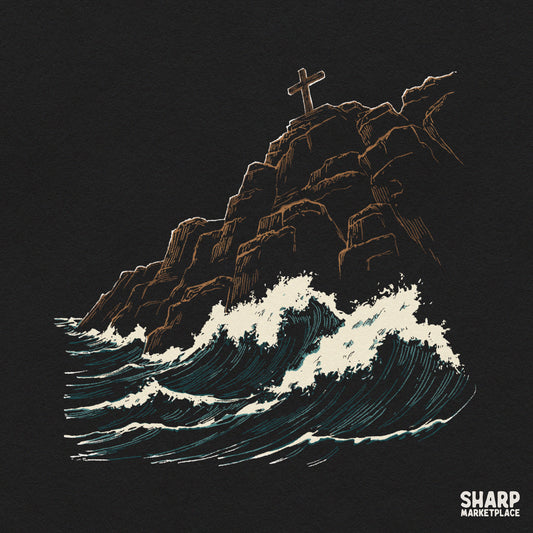 Stormy ocean waves crashing on a cliff with a Christian cross faith PNG design for sublimation prints