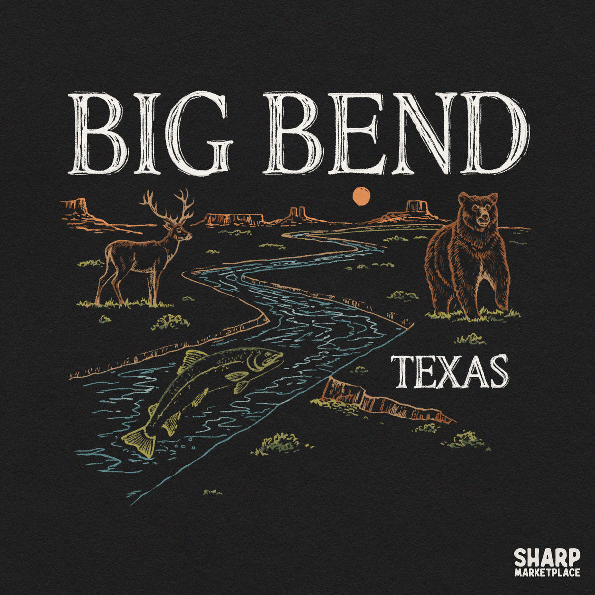 Vintage Big Bend Texas desert scene graphic featuring a bear deer and fish for outdoor nature lovers