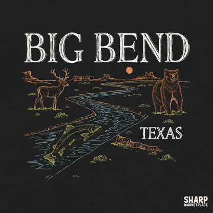 Vintage Big Bend Texas desert scene graphic featuring a bear deer and fish for outdoor nature lovers