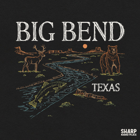 Vintage Big Bend Texas desert scene graphic featuring a bear deer and fish for outdoor nature lovers