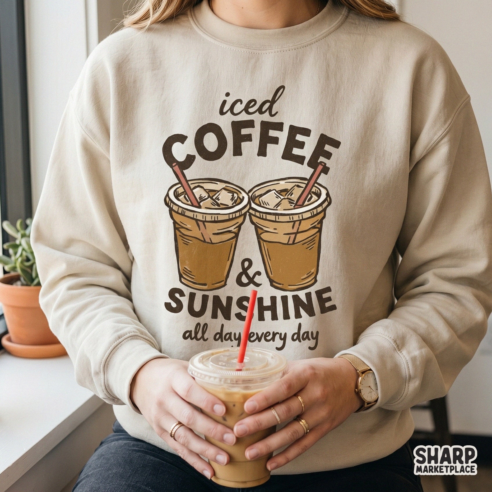 Summer-themed iced coffee and sunshine sublimation file with retro lettering, suitable for print-on-demand apparel and creative craft projects.