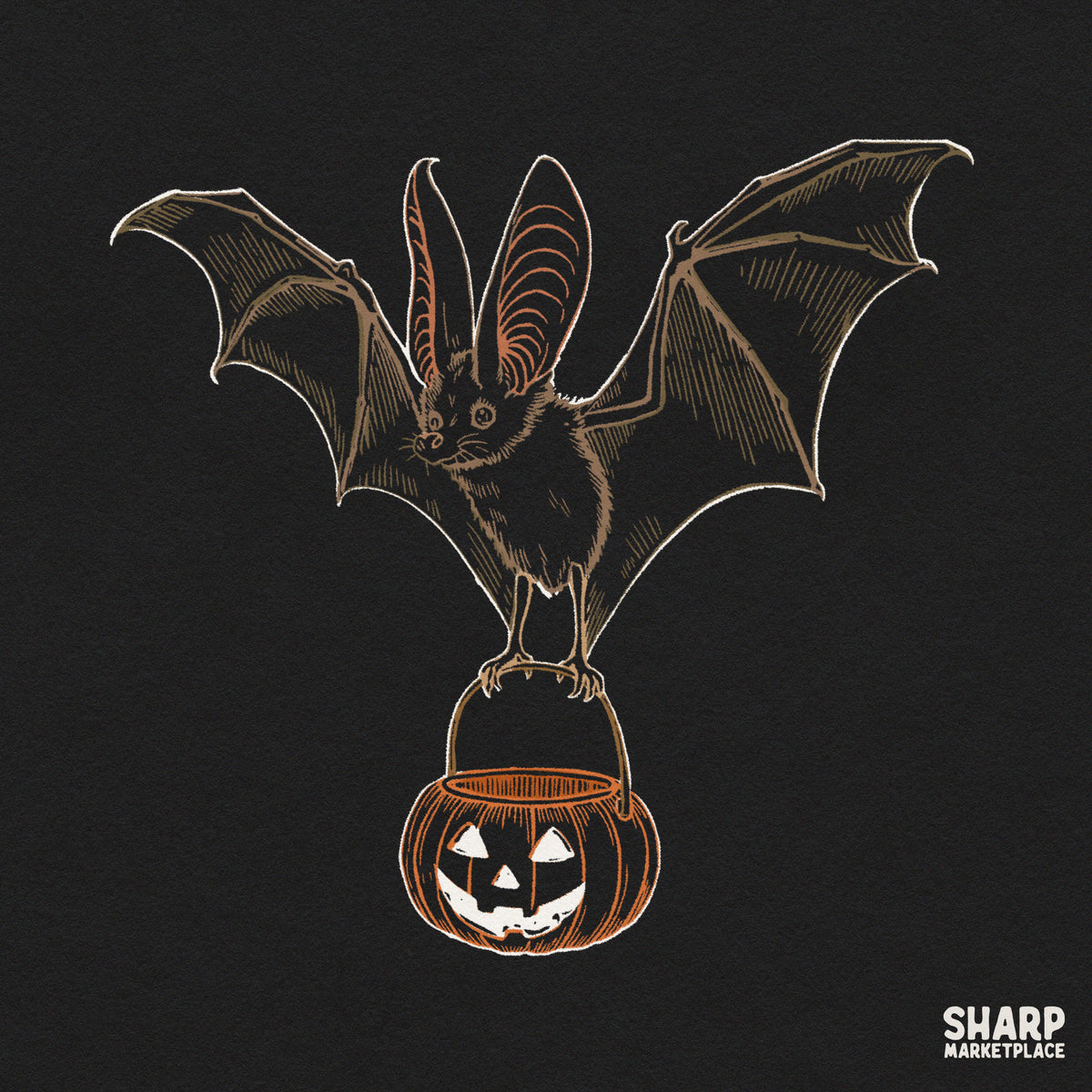 Vintage Halloween bat holding a jack o lantern pumpkin bucket for retro spooky season shirt sublimation print
