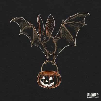 Vintage Halloween bat holding a jack o lantern pumpkin bucket for retro spooky season shirt sublimation print