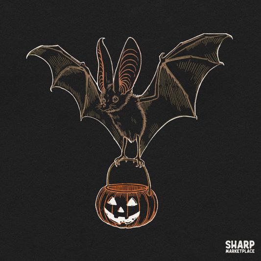 Vintage Halloween bat holding a jack o lantern pumpkin bucket for retro spooky season shirt sublimation print