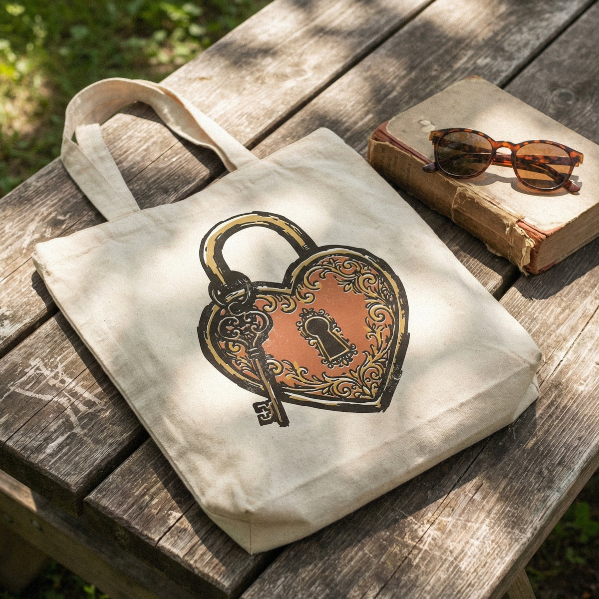 Digital design of a romantic heart-shaped lock and matching skeleton key printed on a canvas tote bag, featuring antique style and scrolling details.