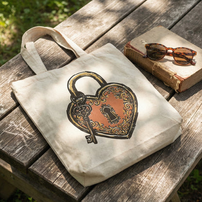 Digital design of a romantic heart-shaped lock and matching skeleton key printed on a canvas tote bag, featuring antique style and scrolling details.