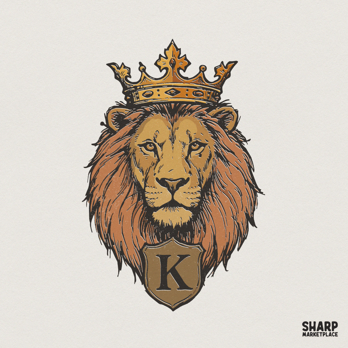 Majestic lion head illustration wearing an ornate golden crown with a shield featuring the letter K, perfect for custom apparel and sublimation.
