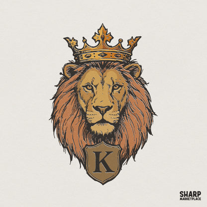 Majestic lion head illustration wearing an ornate golden crown with a shield featuring the letter K, perfect for custom apparel and sublimation.