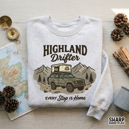 Vintage-style camping illustration with an off-road SUV, pine trees, and mountain peaks, designed for custom t-shirts and outdoor gear.