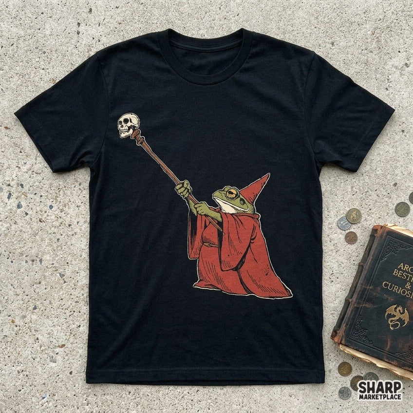 Frog wizard in a red robe holding a skull staff PNG sublimation design for Halloween shirts and spooky aesthetic decor