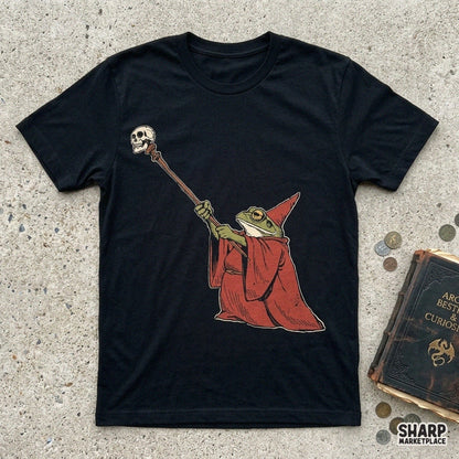 Frog wizard in a red robe holding a skull staff PNG sublimation design for Halloween shirts and spooky aesthetic decor