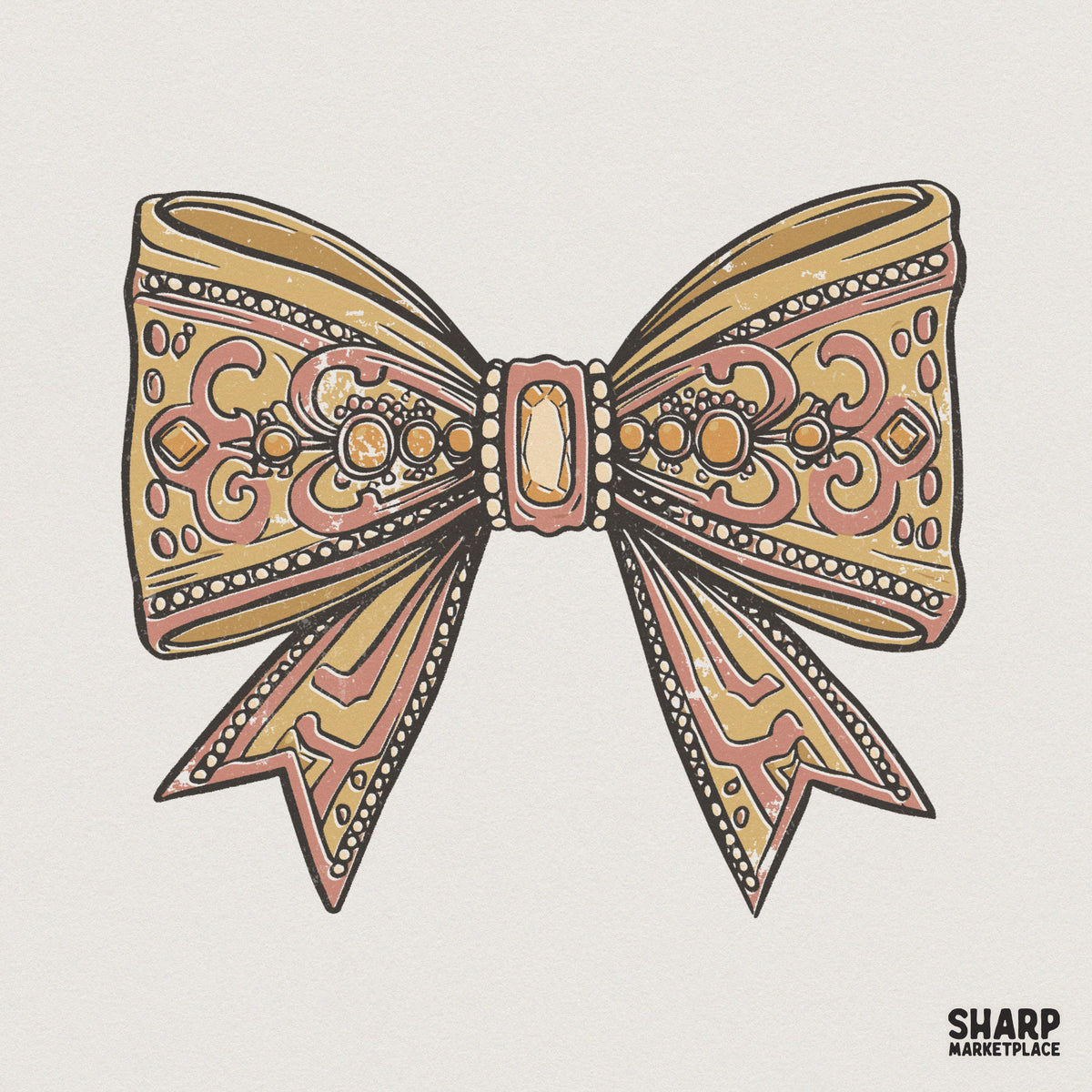 Vintage ornate bow PNG with intricate scrollwork, beading, and a central gemstone accent in muted gold and soft pink for sublimation projects.