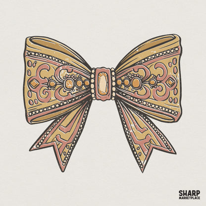 Vintage ornate bow PNG with intricate scrollwork, beading, and a central gemstone accent in muted gold and soft pink for sublimation projects.
