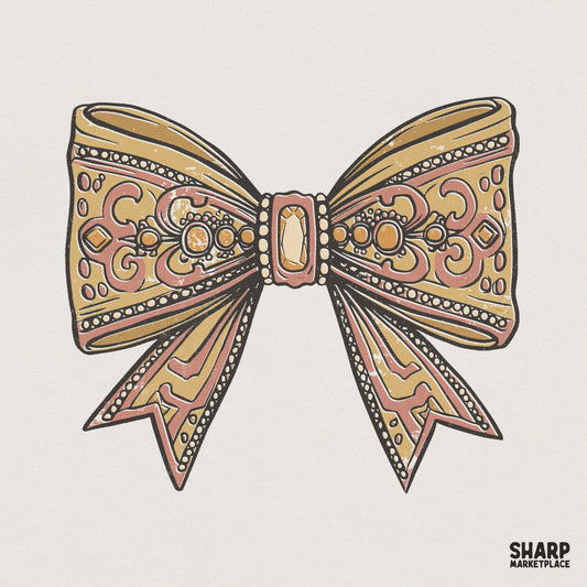 Vintage ornate bow PNG with intricate scrollwork, beading, and a central gemstone accent in muted gold and soft pink for sublimation projects.