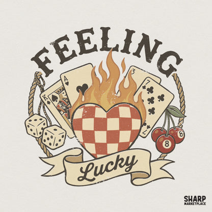 Retro Feeling Lucky design featuring a checkered heart in flames, playing cards, dice, and cherries, perfect for sublimation and apparel printing.