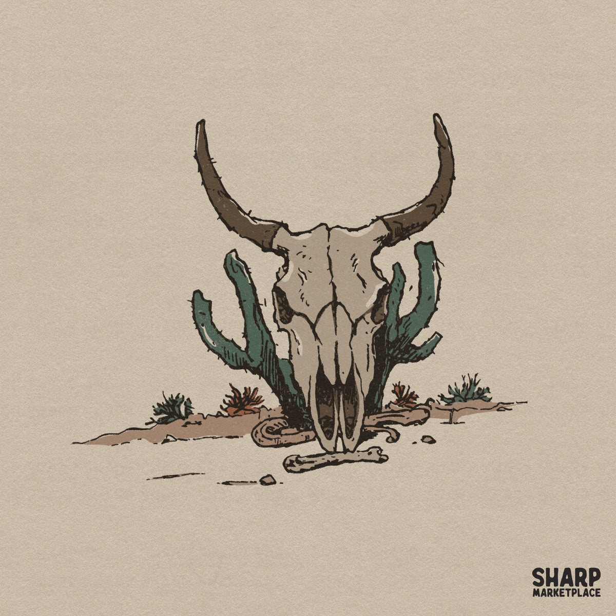 Hand-drawn desert longhorn skull illustration with saguaro cactus, featuring rustic stippling and earthy tones for western apparel and sublimation.