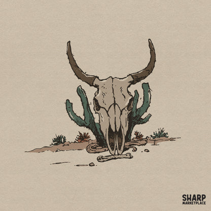 Hand-drawn desert longhorn skull illustration with saguaro cactus, featuring rustic stippling and earthy tones for western apparel and sublimation.