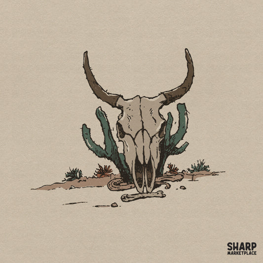 Hand-drawn desert longhorn skull illustration with saguaro cactus, featuring rustic stippling and earthy tones for western apparel and sublimation.